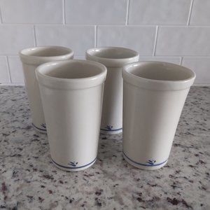4 Friendship Roseville Pottery Cream and Blue Tumblers